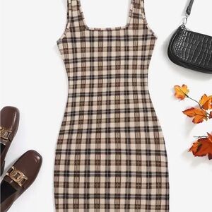 Plaid Sleeveless Dress - Cream and Brown